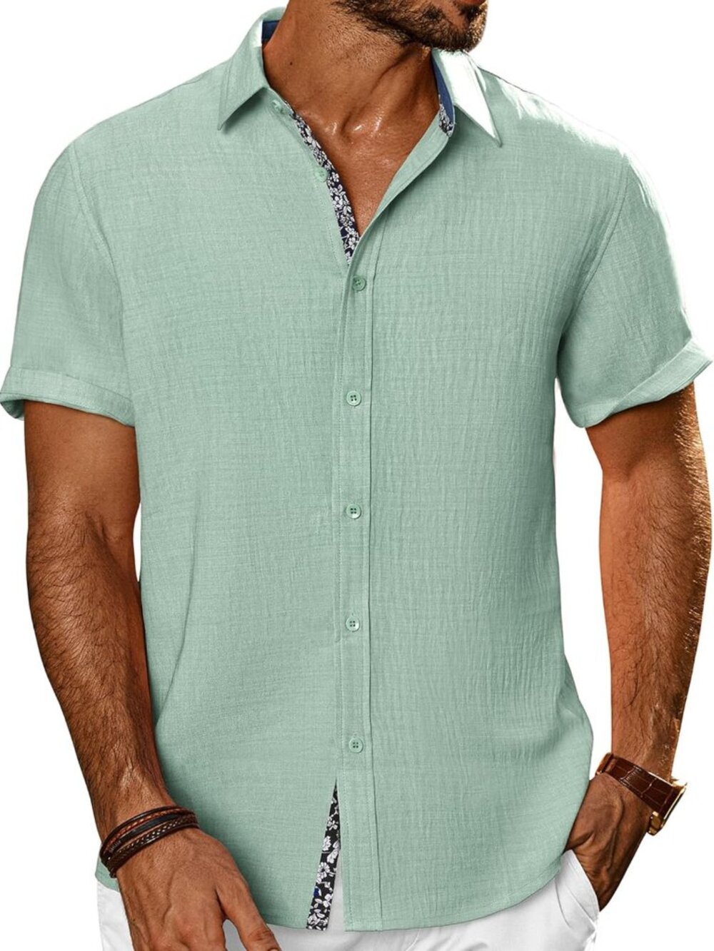Men's Light Green Button Down Short Sleeve Casual Textured Beach Wedding Shirt